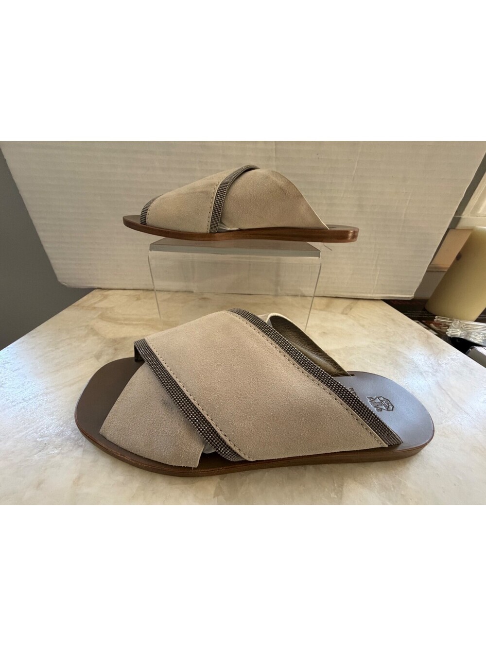 Brunello Cucinelli Suede Monili Beaded Crisscross Slide Sandals Beige Taupe 38.5 - Picture 6 of 14